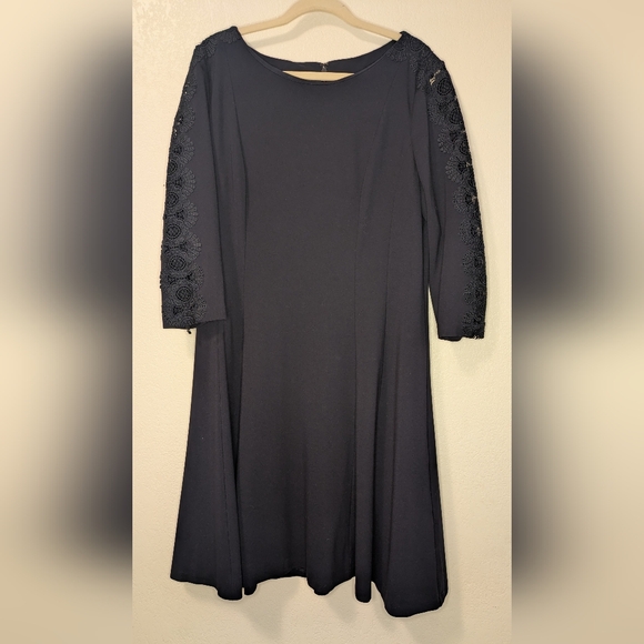 Talbot's Lace Sleeve Ponte Fit & Flare Navy Dress - Picture 2 of 8